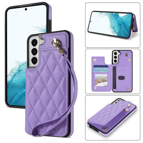 

For Samsung Galaxy S21 5G Rhombic Dual Buckle Card Slots Phone Case with Lanyard(Purple)