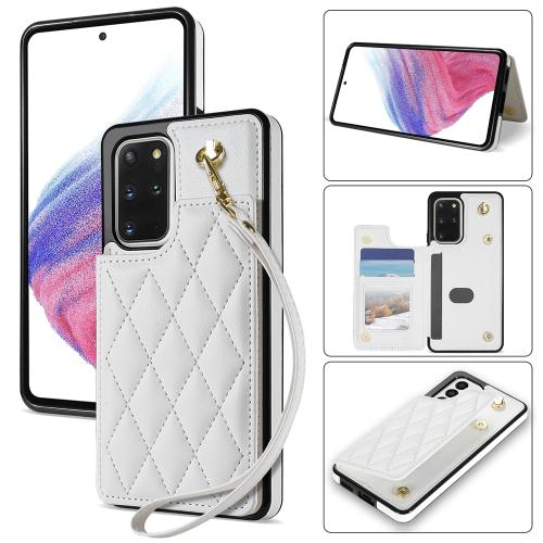 

For Samsung Galaxy S20 FE 5G Rhombic Dual Buckle Card Slots Phone Case with Lanyard(White)