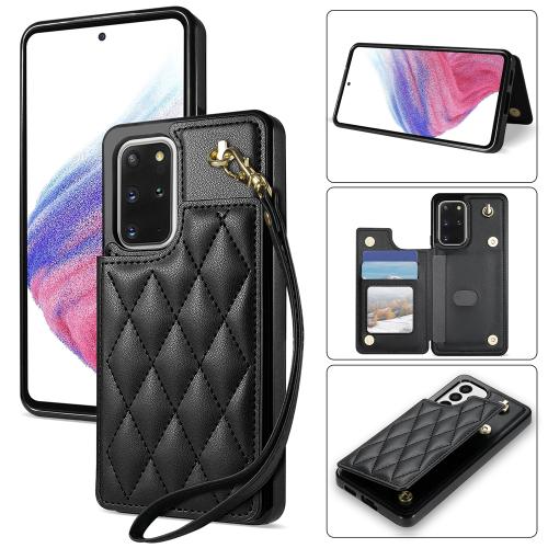 

For Samsung Galaxy S20 FE 5G Rhombic Dual Buckle Card Slots Phone Case with Lanyard(Black)