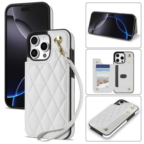 

For iPhone 16 Pro Max Rhombic Dual Buckle Card Slots Phone Case with Lanyard(White)