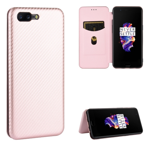 

For OnePlus 5 Carbon Fiber Texture Horizontal Flip TPU + PC + PU Leather Case with Card Slot(Pink)