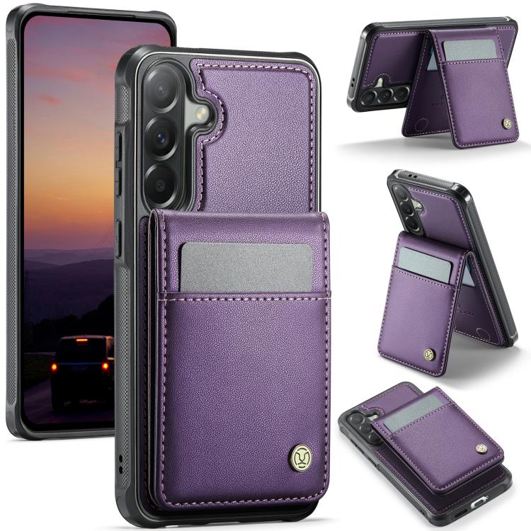 For Samsung Galaxy A57 5G JEEHOOD J06 British Style RFID MagSafe Card Bag PU Phone Case(Purple)