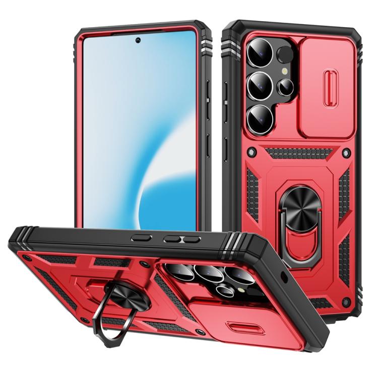

For Samsung Galaxy S25 Ultra 5G Sliding Camshield TPU Hybrid PC Phone Case with Holder(Red+Black)