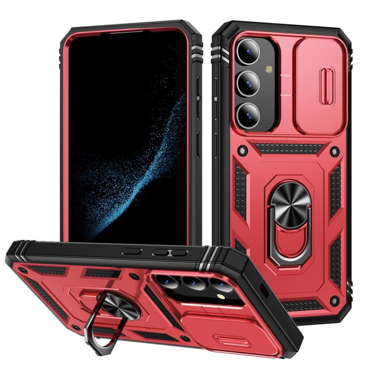 

For Samsung Galaxy S25+ 5G Sliding Camshield TPU Hybrid PC Phone Case with Holder(Red+Black)