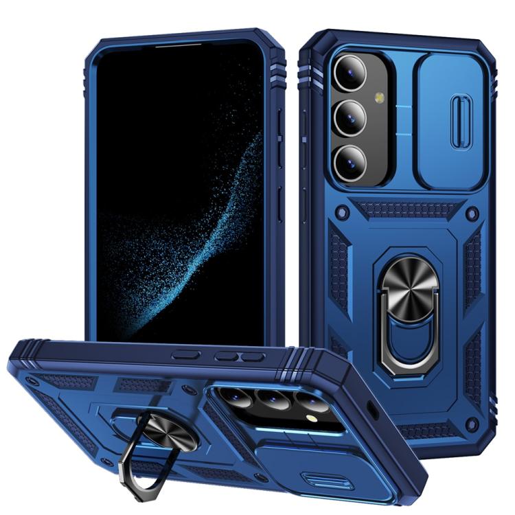 

For Samsung Galaxy S25 5G Sliding Camshield TPU Hybrid PC Phone Case with Holder(Navy Blue)
