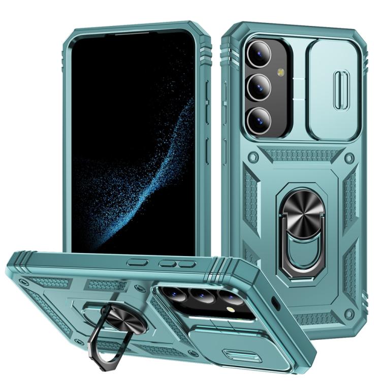 

For Samsung Galaxy S25 5G Sliding Camshield TPU Hybrid PC Phone Case with Holder(Green)