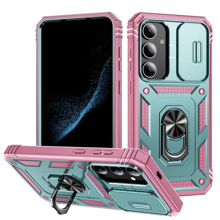 

For Samsung Galaxy S25 5G Sliding Camshield TPU Hybrid PC Phone Case with Holder(Green+Pink)