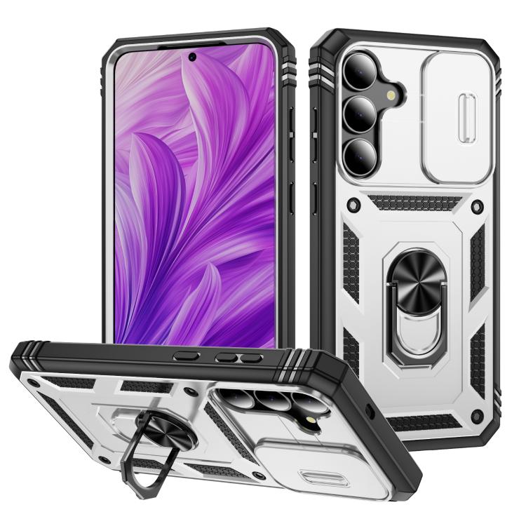 

For Samsung Galaxy S25 FE 5G Sliding Camshield TPU Hybrid PC Phone Case with Holder(White+Black)