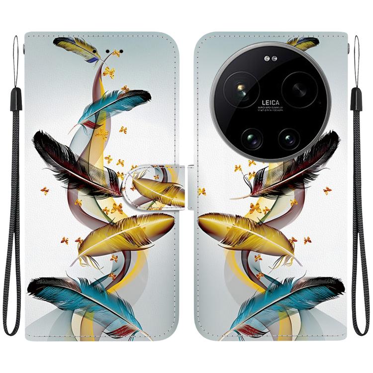 

For Xiaomi 17 Ultra Crystal Texture Colored Drawing Leather Phone Case(Gold Butterfly Feathers)