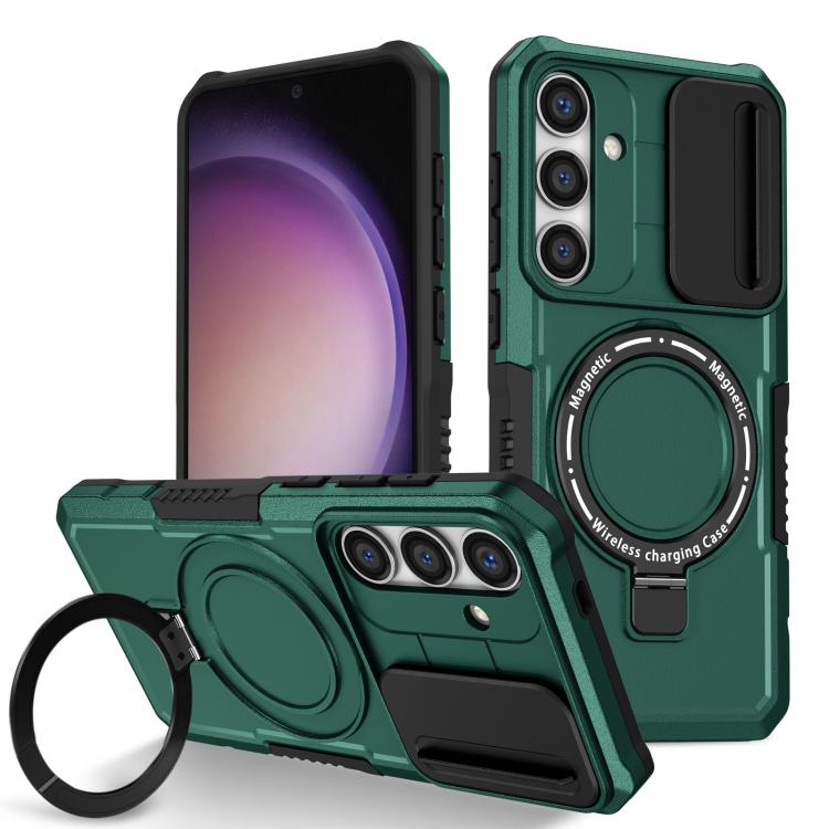 

For Samsung Galaxy S25+ 5G Sliding Camshield MagSafe Holder TPU Hybrid PC Phone Case(Deep Green)