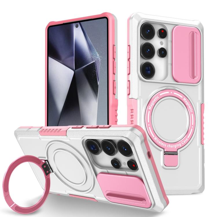 

For Samsung Galaxy S25 Ultra 5G Sliding Camshield MagSafe Holder TPU Hybrid PC Phone Case(Pink White)