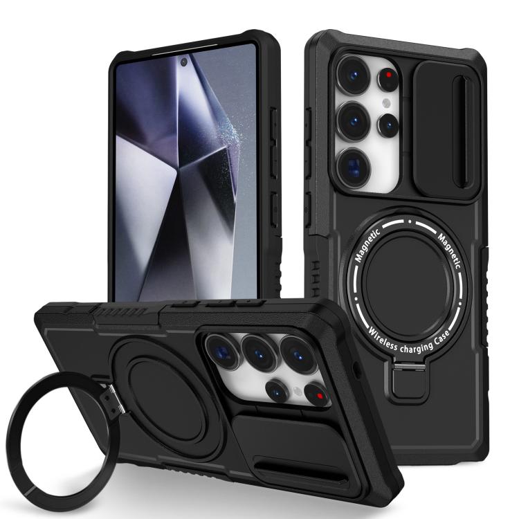 

For Samsung Galaxy S25 Ultra 5G Sliding Camshield MagSafe Holder TPU Hybrid PC Phone Case(Black)
