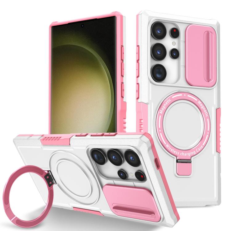 

For Samsung Galaxy S24 Ultra 5G Sliding Camshield MagSafe Holder TPU Hybrid PC Phone Case(Pink White)