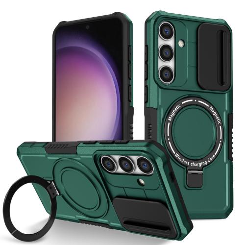 

For Samsung Galaxy S24 5G Sliding Camshield MagSafe Holder TPU Hybrid PC Phone Case(Deep Green)