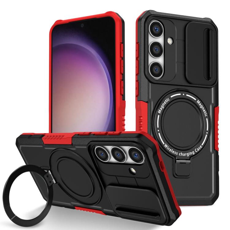 

For Samsung Galaxy S24+ 5G Sliding Camshield MagSafe Holder TPU Hybrid PC Phone Case(Black Red)