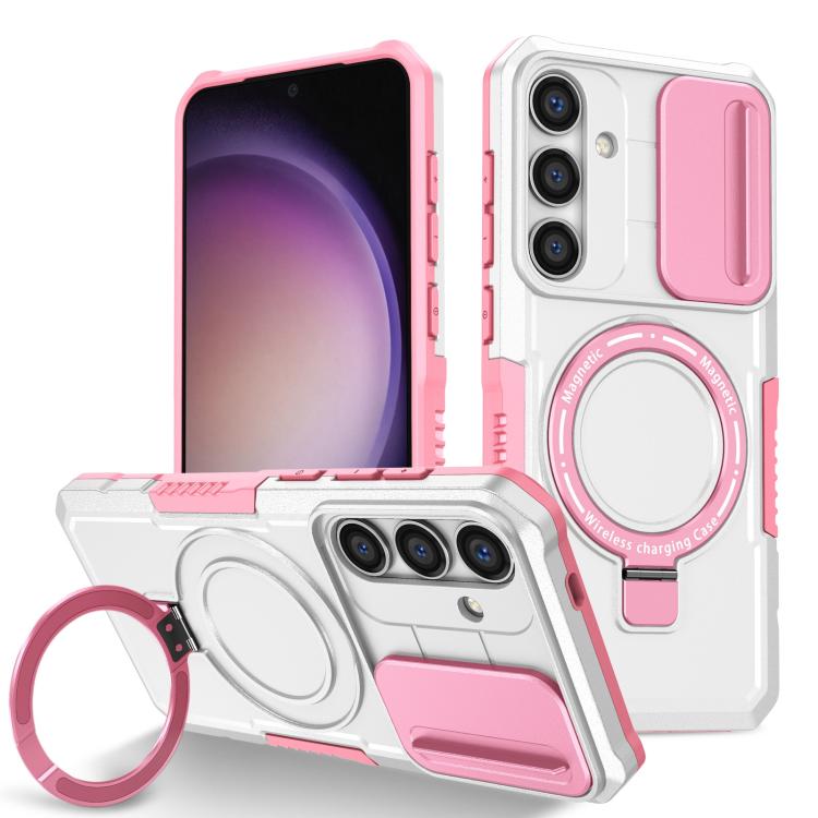 

For Samsung Galaxy S24 FE 5G Sliding Camshield MagSafe Holder TPU Hybrid PC Phone Case(Pink White)