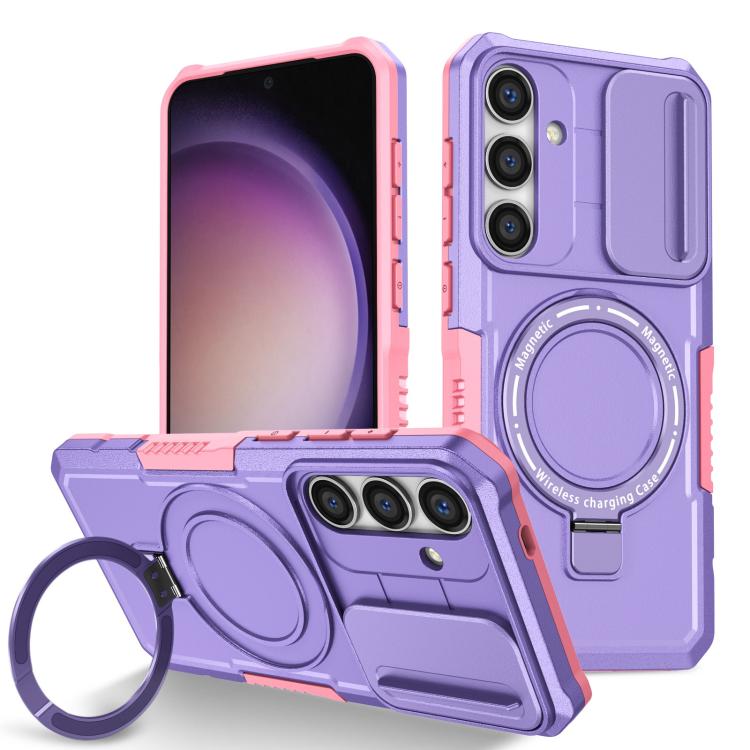

For Samsung Galaxy S24 FE 5G Sliding Camshield MagSafe Holder TPU Hybrid PC Phone Case(Pink Purple)
