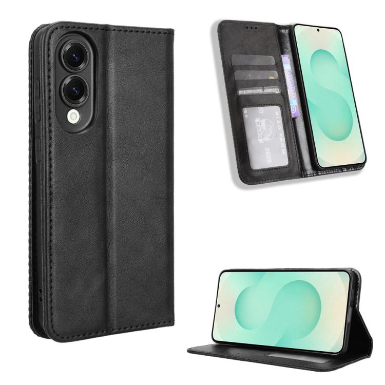 

For Samsung Galaxy S25 Edge 5G Magnetic Buckle Retro Texture Leather Phone Case(Black)