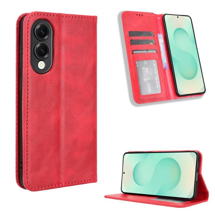 

For Samsung Galaxy S25 Edge 5G Magnetic Buckle Retro Texture Leather Phone Case(Red)