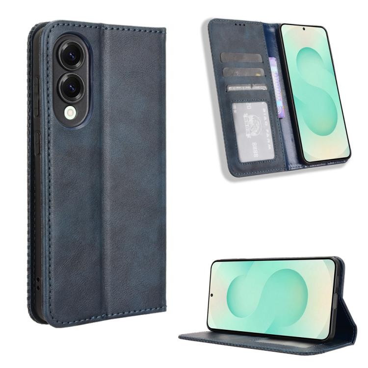

For Samsung Galaxy S25 Edge 5G Magnetic Buckle Retro Texture Leather Phone Case(Blue)