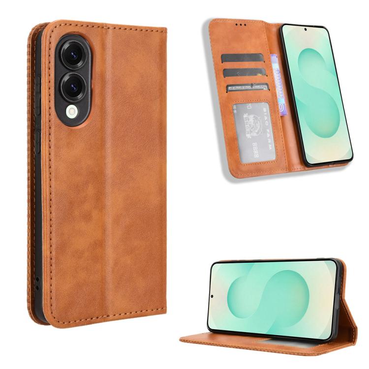 

For Samsung Galaxy S25 Edge 5G Magnetic Buckle Retro Texture Leather Phone Case(Brown)