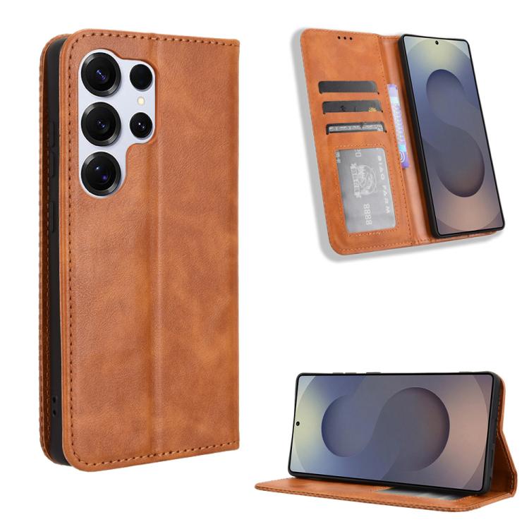 

For Samsung Galaxy S25 Ultra 5G Magnetic Buckle Retro Texture Leather Phone Case(Brown)