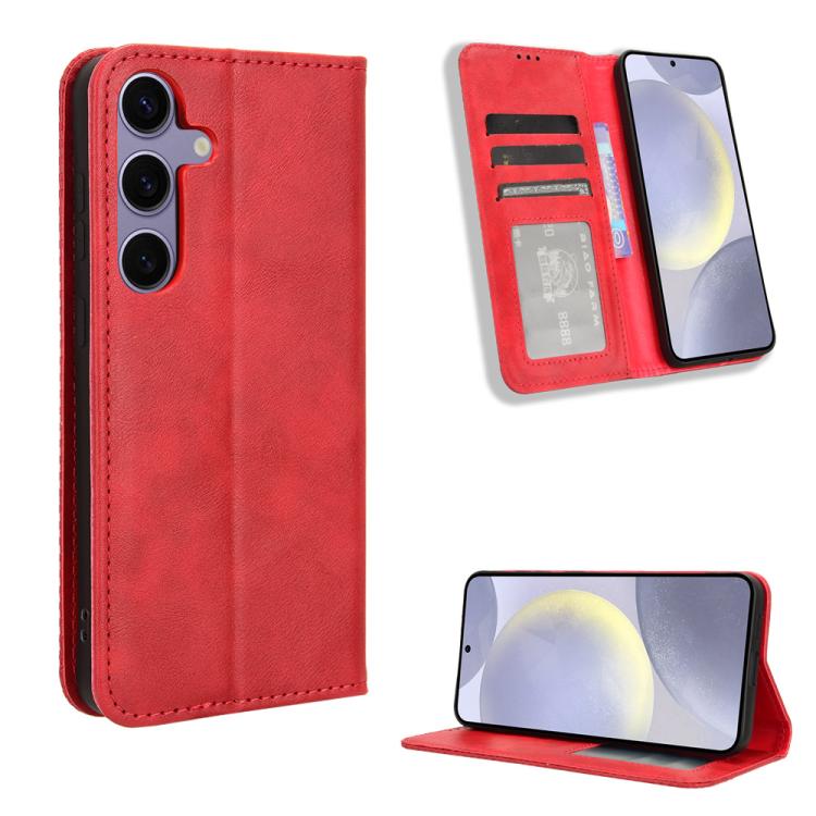 

For Samsung Galaxy S25 5G Magnetic Buckle Retro Texture Leather Phone Case(Red)