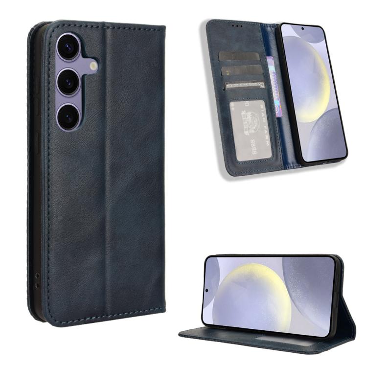 

For Samsung Galaxy S25 5G Magnetic Buckle Retro Texture Leather Phone Case(Blue)