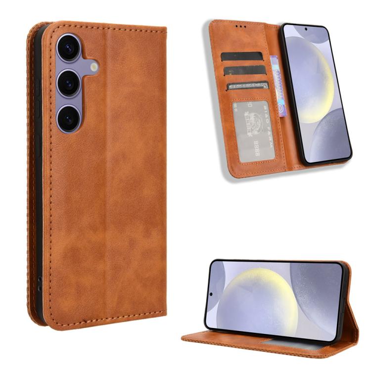 

For Samsung Galaxy S25 5G Magnetic Buckle Retro Texture Leather Phone Case(Brown)