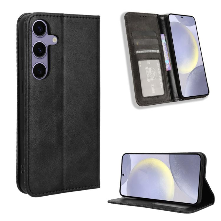 

For Samsung Galaxy S25+ 5G Magnetic Buckle Retro Texture Leather Phone Case(Black)