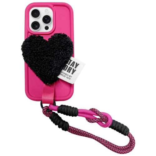 

For iPhone 16 Pro Max Creative Plush Heart Design Phone Case with Lanyard(Rose Red)