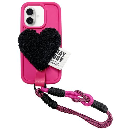 

For iPhone 16 Plus Creative Plush Heart Design Phone Case with Lanyard(Rose Red)