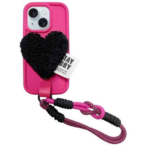 

For iPhone 15 Plus Creative Plush Heart Design Phone Case with Lanyard(Rose Red)