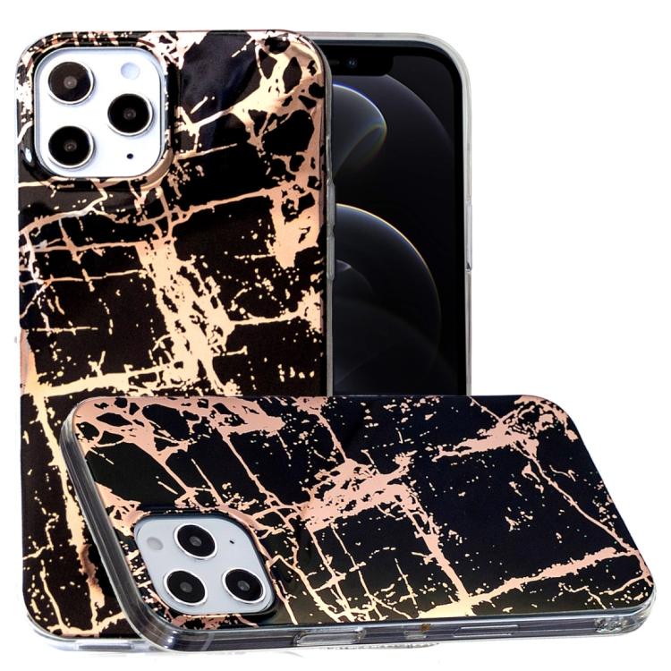 

For iPhone 12 / 12 Pro Plating Marble Pattern Soft TPU Protective Case(Black Gold)