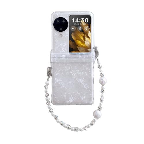 

For OPPO Find N3 Flip Three Parts Pearlescent Shell Texture Phone Case with Bracelet(White)