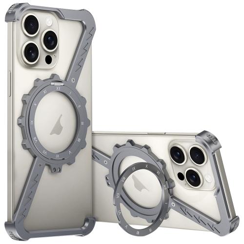 

For iPhone 15 Pro Max Z-shaped Frameless Metal 360 Holder MagSafe Phone Case(Space Grey)