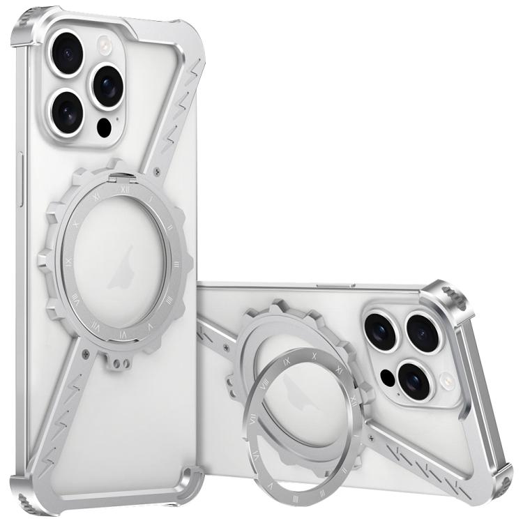 

For iPhone 15 Pro Z-shaped Frameless Metal 360 Holder MagSafe Phone Case(Space Silver)