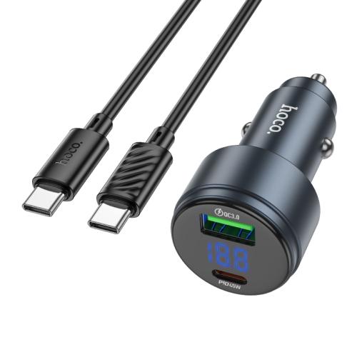 

hoco Z57B Glorious Dual Port Digital Display PD45W and QC3.0 Car Charger Set with Type-C to Type-C Cable(Grey)