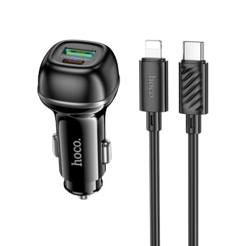 

hoco Z58A Rank Dual Port PD30W and QC3.0 Car Charger Set with Type-C to 8 Pin Cable(Black)