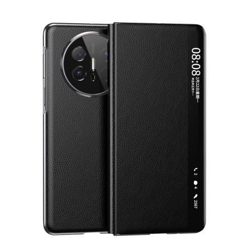 

For Huawei Mate X6 Electroplating Litchi Pattern Grain Leather Smart Window MagSafe Phone Leather Case(Black)