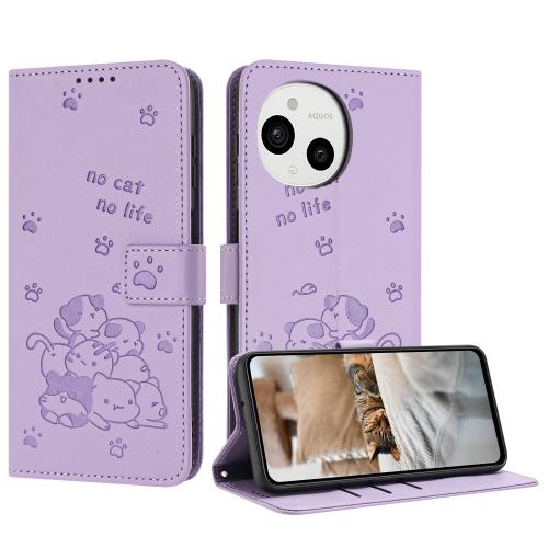 

For Sharp Aquos Sense 9 Embossed Kitten Phone Leather Case with Lanyard(Purple)