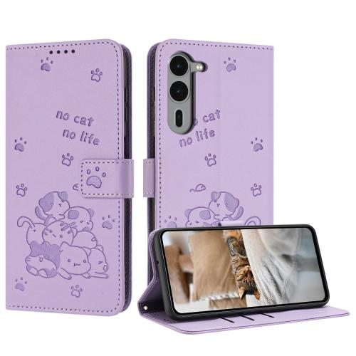 

For Fujitsu Arrows We2 F-52E Embossed Kitten Phone Leather Case with Lanyard(Purple)