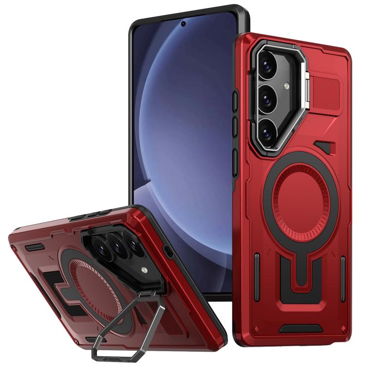 

For Samsung Galaxy S25+ 5G Shield Hollow Frame Holder MagSafe Phone Case(Red)