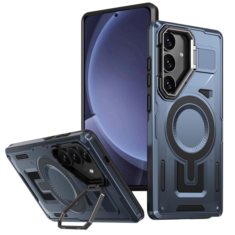 

For Samsung Galaxy S25+ 5G Shield Hollow Frame Holder MagSafe Phone Case(Navy Blue)