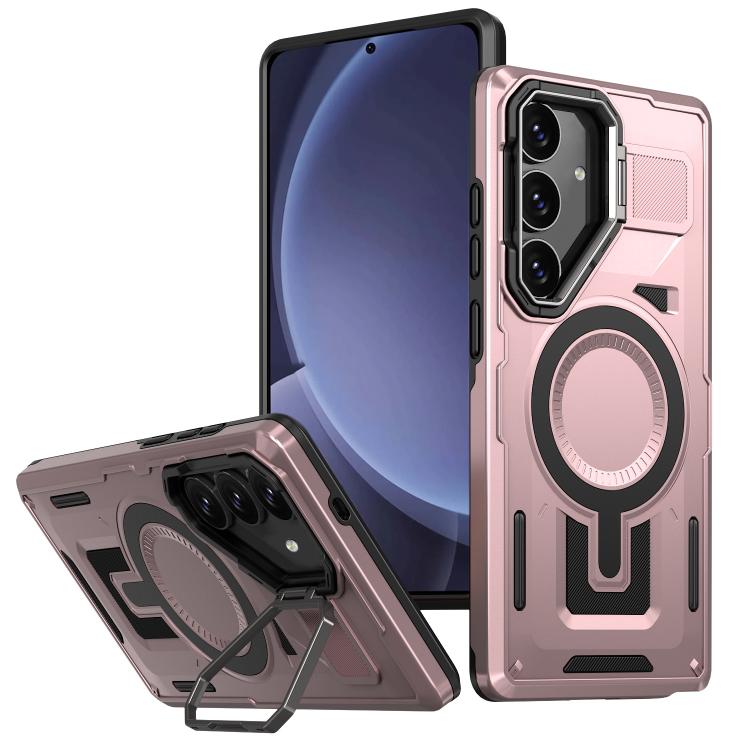 

For Samsung Galaxy S25+ 5G Shield Hollow Frame Holder MagSafe Phone Case(Rose Gold)