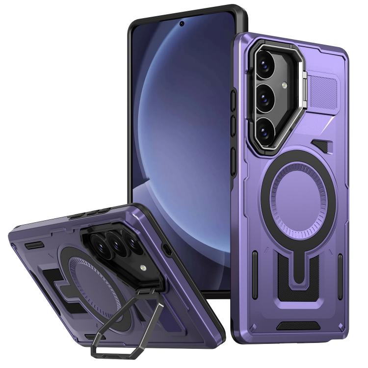 

For Samsung Galaxy S25+ 5G Shield Hollow Frame Holder MagSafe Phone Case(Purple)