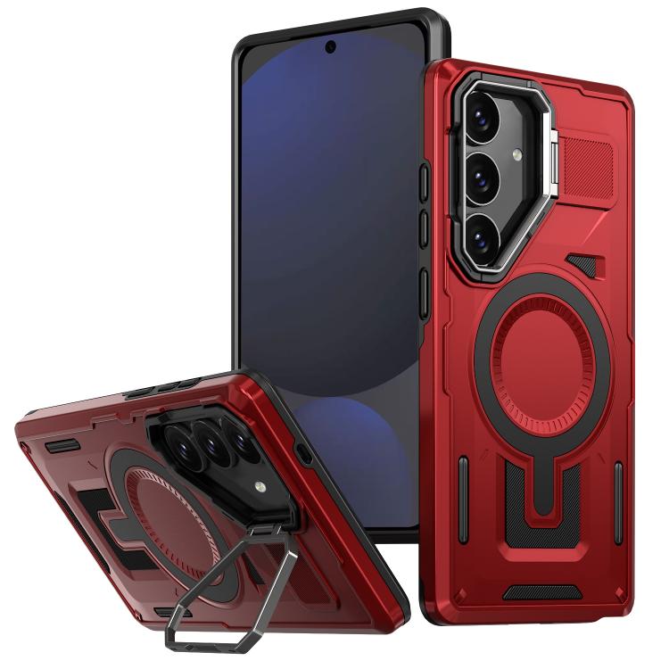 

For Samsung Galaxy S24 FE 5G Shield Hollow Frame Holder MagSafe Phone Case(Red)