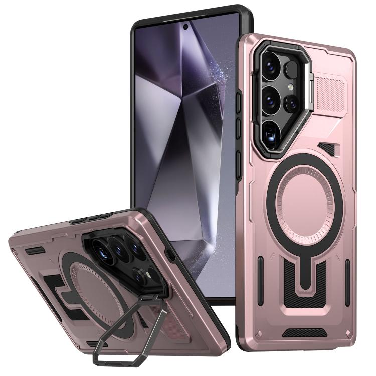 

For Samsung Galaxy S24 Ultra 5G Shield Hollow Frame Holder MagSafe Phone Case(Rose Gold)