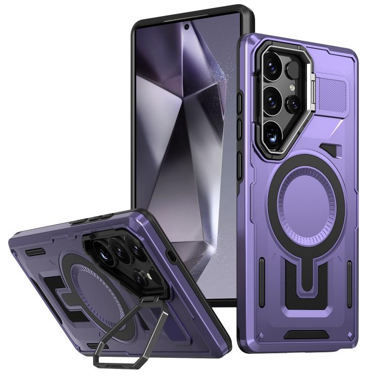 

For Samsung Galaxy S24 Ultra 5G Shield Hollow Frame Holder MagSafe Phone Case(Purple)