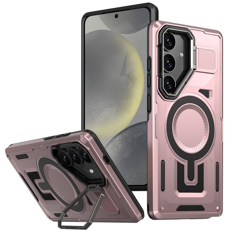 

For Samsung Galaxy S24 5G Shield Hollow Frame Holder MagSafe Phone Case(Rose Gold)
